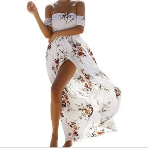 Floral Off The Shoulder Split Chiffon Maxi Beach Dress